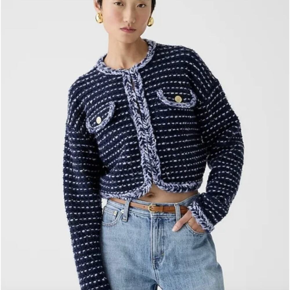 J.Crew Cropped Lady Jacket Marled Yarn Wool Blend Preppy Navy Blue Large NWT